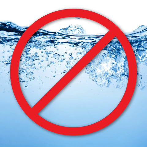 Red 'no water' symbol overlaying splashing water, representing dry use for High Efficiency Heavy Duty Disposable Filter Bags For 4 Gallon Vacuum Tanks Compatible With All Around Plus And Floormaster Vacuums Model E87 Two Pack For Dry Pickup Of Dust And Debris In Home Garage And Shop Cleanup.