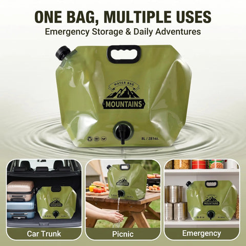 2 Gallon Collapsible Water Container With Spigot And Measurement Scale Portable Foldable Water Jug For Camping RV Hiking And Emergency Prep Space Saving Go To Water Storage Bag displayed on water surface, used for picnic and emergency storage.