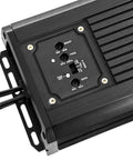 Close-up of control panel on Beefy 600W RMS Two Channel Marine Amplifier With 1200W Peak Bridgeable Micro Class D IPX67 Waterproof.