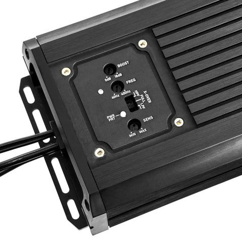 Close-up of control panel on Beefy 600W RMS Two Channel Marine Amplifier With 1200W Peak Bridgeable Micro Class D IPX67 Waterproof.