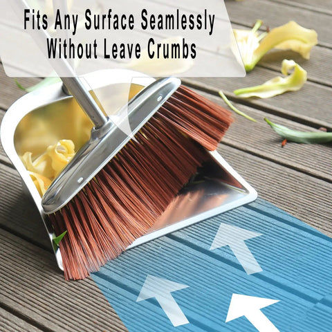Straight Up Heavy Duty Brush And Dustpan Set For Home With 56 Inch Extended Handle on wooden surface capturing dirt.