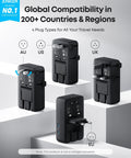Nano Travel Adapter 5 Port World Travel Charger With 1 AC Outlet 2 USB A 2 USB C 20W displayed with international plugs.