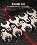 Half Inch Drive Jumbo Metric Crowfoot Wrench Set 8-Piece With Sizes 24 To 32 on storage rail