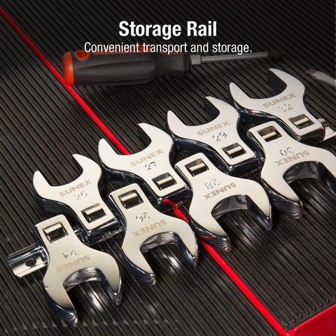 Half Inch Drive Jumbo Metric Crowfoot Wrench Set 8-Piece With Sizes 24 To 32 on storage rail
