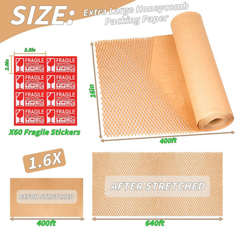Eco Friendly Packing Paper Roll With Honeycomb Cushioning, 16 Inch By 400 Foot Bubble Safe Wrap, shown with fragile stickers