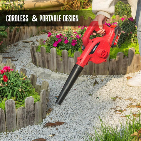 Compact 20V Cordless Mini Blower Kit With 150 MPH Air 62 CFM used in garden cleanup, handheld by person, showing portability