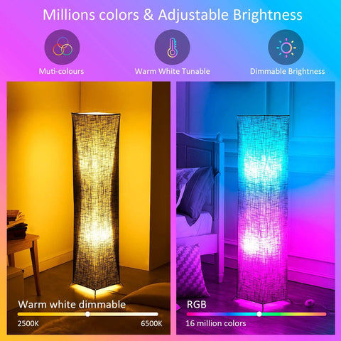 Modern Floor Lamp With Color Changing RGB Bulbs, Dimmable Smart Lighting, Black Linen Shade, showing warm white and RGB modes
