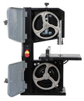 Badass Heavy Duty Steel Benchtop Band Saw With 2.2 Amp Motor showcases open doors revealing wheels and motor details.