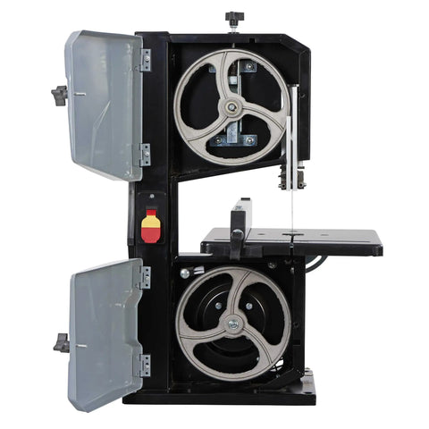 Badass Heavy Duty Steel Benchtop Band Saw With 2.2 Amp Motor showcases open doors revealing wheels and motor details.