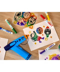 Rad Battery Powered Airbrush Marker Spray Craft Kit Smooth Glide Washable Ink Pens Plus Five Reusable Design Stencils Vibes with colorful stencils and markers.