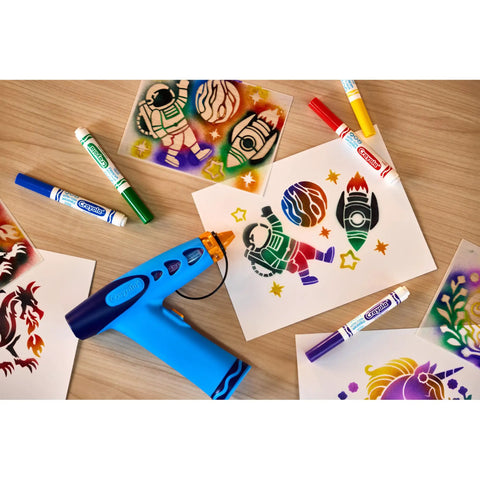 Rad Battery Powered Airbrush Marker Spray Craft Kit Smooth Glide Washable Ink Pens Plus Five Reusable Design Stencils Vibes with colorful stencils and markers.