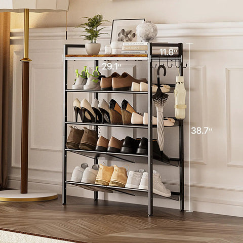 Five Tier Shoe Rack With Hooks, Adjustable Mesh Shelves, Metal Storage Organizer For Entryway And Closet, Fits 25 Pairs