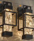 Knockout Two Pack Dusk To Dawn Outdoor Wall Sconces With Built In Photocell Waterproof Black Coach Lanterns Dimmable porch lights close-up view.