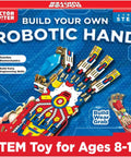 Hands On Robotic Hand Kit For Kids Ages Eight To Thirteen, Wearable Cool Gripper Build Kit To Learn Engineering And Anatomy Through Play, DIY STEM Toy Gift For Birthday Fun And Creative Problem Solving. Box front with blue robotic hand model