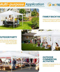 Three scenes showing the Outdoor 10x30 Ft Party Tent Canopy With 8 Removable Sidewalls in backyard, outdoor party, and market setups.