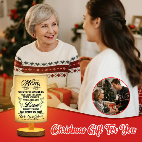 Cozy Night Light Table Lamp Gift For Mom From Daughter And Son With A Heartfelt Message On The Lampshade beside smiling woman