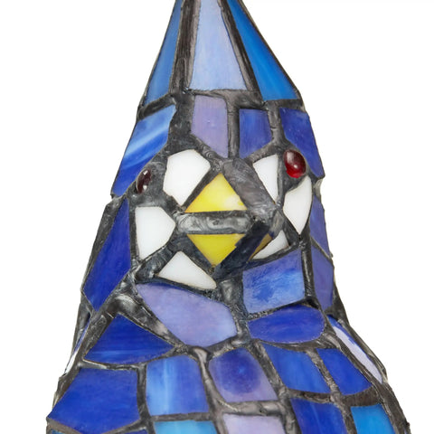Close-up of stained glass blue jay design on Stained Glass Bird Accent Lamp With Blue Jay Design Tiffany Style Table Lamp 8 W X 13.5 H Inches.