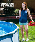 Woman using Cordless 21V Water Transfer Pump Handy Battery Powered Hybrid Workhorse Pump for Garden and RV by a pool