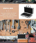 Workshop scene with a Compact Toolbox Organizer With Reinforced Handle For Hand Tools and Accessories Portable Small Tool Storage Box Pro Grade Case Durable and Travel Ready With Internal Foam Padding To Protect Your Gear open and closed on the bench.
