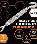Five Sixteenths Inch Hook And Eye Turnbuckle Beefy Heavy Duty Galvanized Steel Tensioner For Cables Wires Ropes Shade