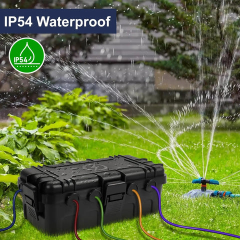 Medium Outdoor Electrical Box Weatherproof Cover Built Tough For Power Strips And Multi Plug Adapters, IP54, on grass with cables