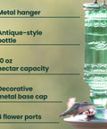 Glass Bottle Hummingbird Feeder With Antique Green Finish, Four Flower Ports And Perches, 10 Fl Oz Nectar Capacity