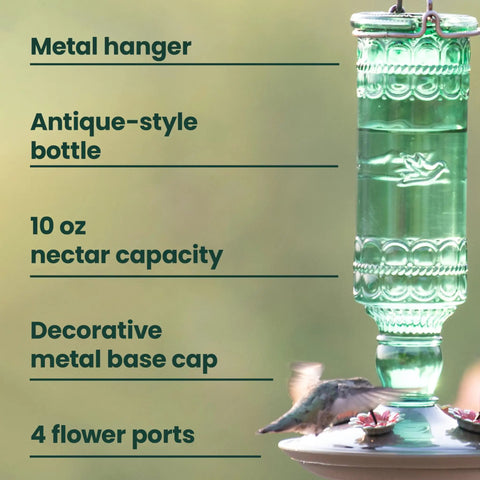 Glass Bottle Hummingbird Feeder With Antique Green Finish, Four Flower Ports And Perches, 10 Fl Oz Nectar Capacity