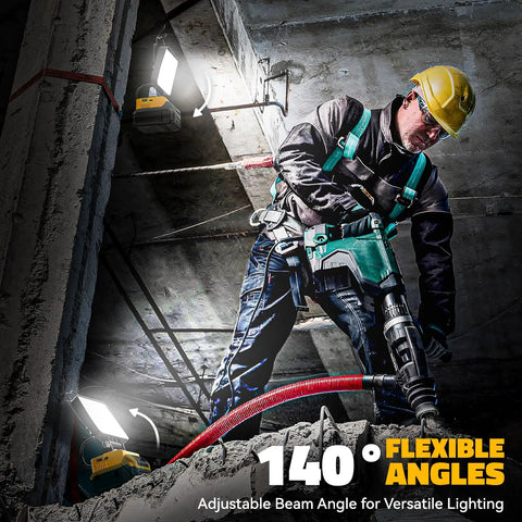Worker using LED Work Light for 20V Tools with 140 Degree Pivoting Head, 70 Watt Bright 7000 Lumens Cordless Flood Light