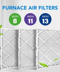 Three electrostatic pleated AC furnace filters in sizes for MERV 8, MERV 11, and MERV 13, capturing dust and allergens.