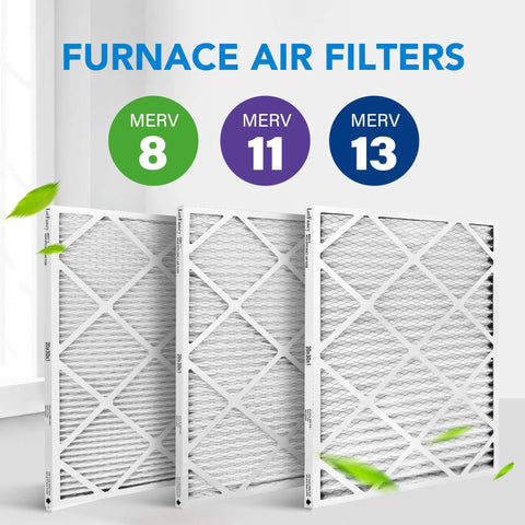 Three electrostatic pleated AC furnace filters in sizes for MERV 8, MERV 11, and MERV 13, capturing dust and allergens.