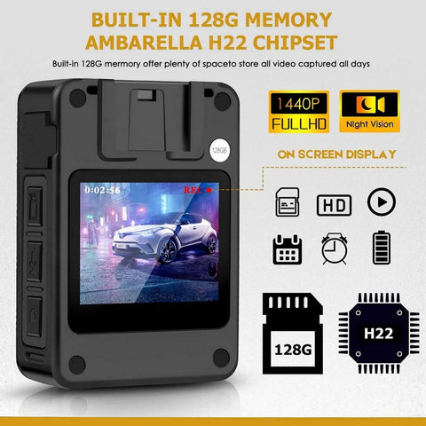 1440P UHD Ambarella H22 Body Worn Camera With 128GB Memory showing night vision on screen display