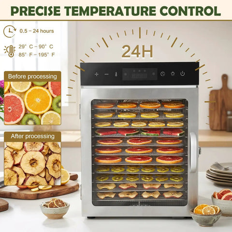 Hella Effective Electric Food Dehydrator With 12 Stainless Steel Trays And 24 Hour Timer, showing fruits before and after drying.