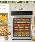 Pro-Level Electric Food Dehydrator Boasting 12 Stainless Steel Trays For Making Top-Shelf Beef Jerky And Dried Fruit With A Killer Dual Fan Setup For Rapid Thermal Circulation And Smooth Texture On Every Batch For Serious Snack Buffs in use with colorful fruits drying on racks.