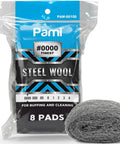 Pack of ultra fine 0000 steel wool scrubbers for glass and surfaces, showing packaging and individual polishing pad.