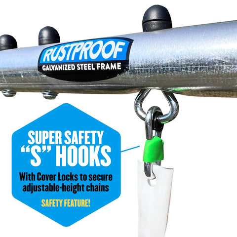 Close-up of super safety S hooks on Backyard Swing Set With Seven Seats And Five Stations, galvanized steel frame, safety feature