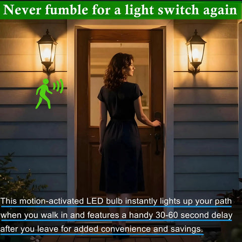 Woman approaching a door with illuminated 4 Pack Motion Sensor LED Light Bulbs 12W 100W Equivalent Dusk To Dawn A19 E26 LED Bulbs
