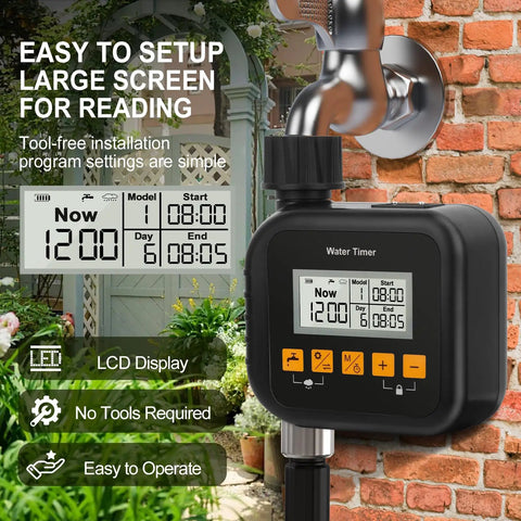 Smart Hose Timer For Garden And Outdoor Irrigation With Rain Sensor attached to faucet with digital display