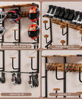 Heavy Duty Wall Mounted Helmet Rack With Six J Hooks And Six Clip Hooks for helmets, gloves, and boots, space-saving garage storage