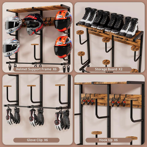 Heavy Duty Wall Mounted Helmet Rack With Six J Hooks And Six Clip Hooks for helmets, gloves, and boots, space-saving garage storage