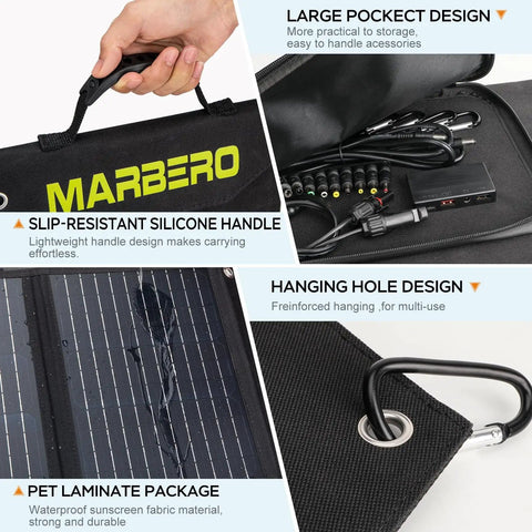 Portable 30W Foldable Solar Panel Charger With Twenty Three Percent Efficient Cells, features silicone handle and large pocket.