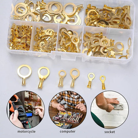 160 Piece Copper Ring Terminal Kit With M3 M4 M5 M6 M8 M10 Brass Wire Connectors Open Barrel Cable Lugs Crimp Set In Plastic Storage Box For Electrical Terminals A Must Have For Any Quick DIY Electrical Project, displayed in storage box with usage examples below
