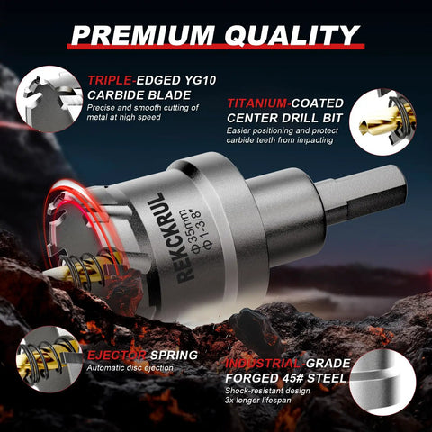 Beefy Heavy Duty TCT Carbide Hole Saw Kit For Metal 1-1/4 Inch 32mm with titanium-tipped teeth, close-up of drill bit.