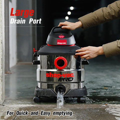 Person using 8 Gallon 6 Peak HP Wet Dry Vacuum For Home Garage And Workshop With Built In Drain and Multifunction Attachments