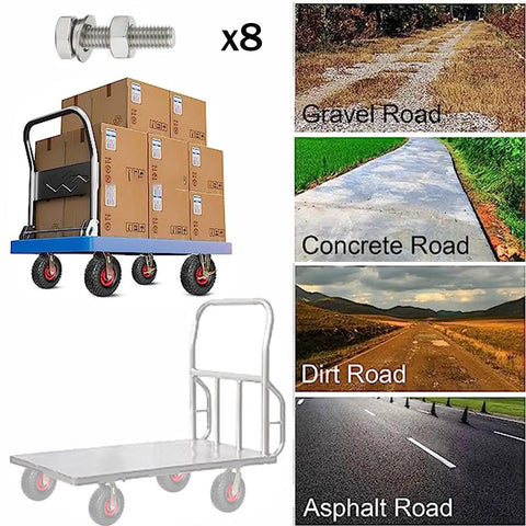 Heavy Duty Rubber Swivel Caster Wheels Two Pack on a cart with boxes, suitable for various road surfaces like gravel and concrete.
