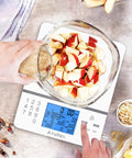 Digital Kitchen Scale With Nutritional Calculator For Meal Prep And Weight Loss, displaying sliced apples and nutritional data.