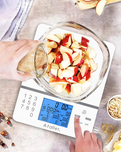 Digital Kitchen Scale With Nutritional Calculator For Meal Prep And Weight Loss, displaying sliced apples and nutritional data.