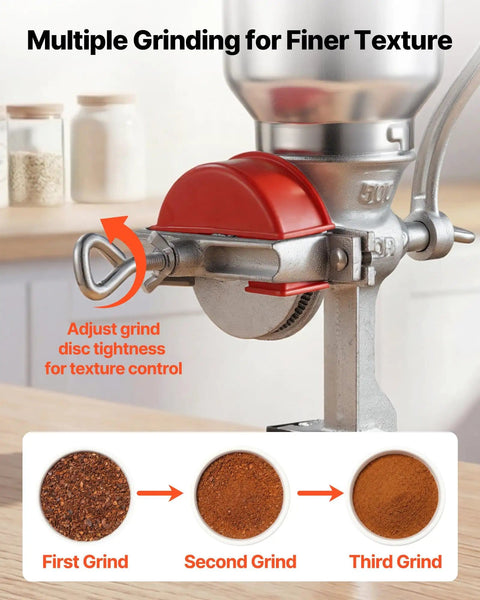 Manual Grain Mill With High Hopper Hand Crank Heavy Duty Cast Iron Wheat Grinding Mill Stable Table Clamp And Dust Cover For Grains Spices Coffee Beans Nuts No Electricity Keeps Flavor Fresh showing adjustable grind disc and texture control.
