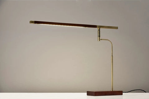 Barrett LED Desk Lamp With Dope Adjustable Walnut Wood Shade, 16.5 To 28.5 Inch Range, 7W Task Light, brass and walnut design