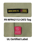 Pro Grade Flame Resistant Balaclava Face Mask Arc Rated NFPA 2112 Cat 2 helmet liner hood FR tag and UL certified label close-up.