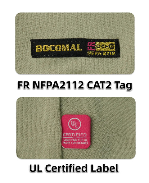 Pro Grade Flame Resistant Balaclava Face Mask Arc Rated NFPA 2112 Cat 2 helmet liner hood FR tag and UL certified label close-up.